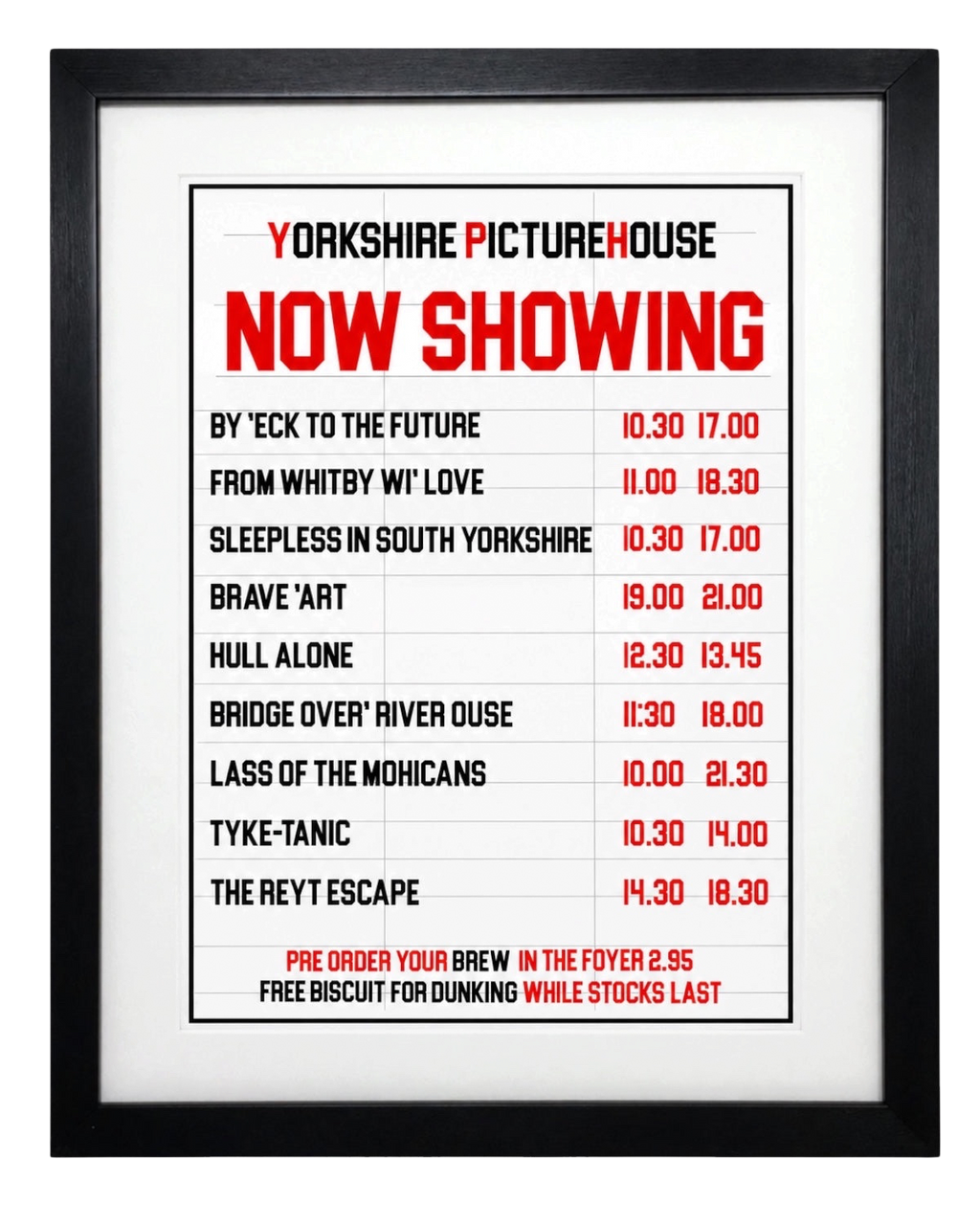 LighthouseLane Yorkshire dialect cinema movie print in a black frame with funny film titles on a white background.