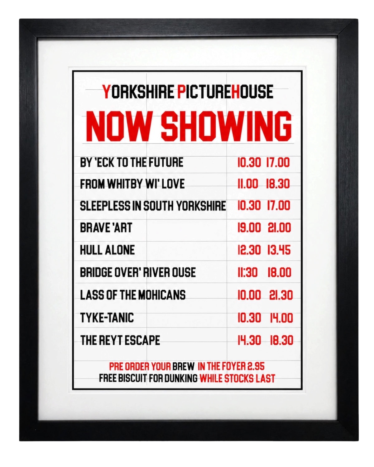 LighthouseLane Yorkshire dialect cinema movie print in a black frame with funny film titles on a white background.
