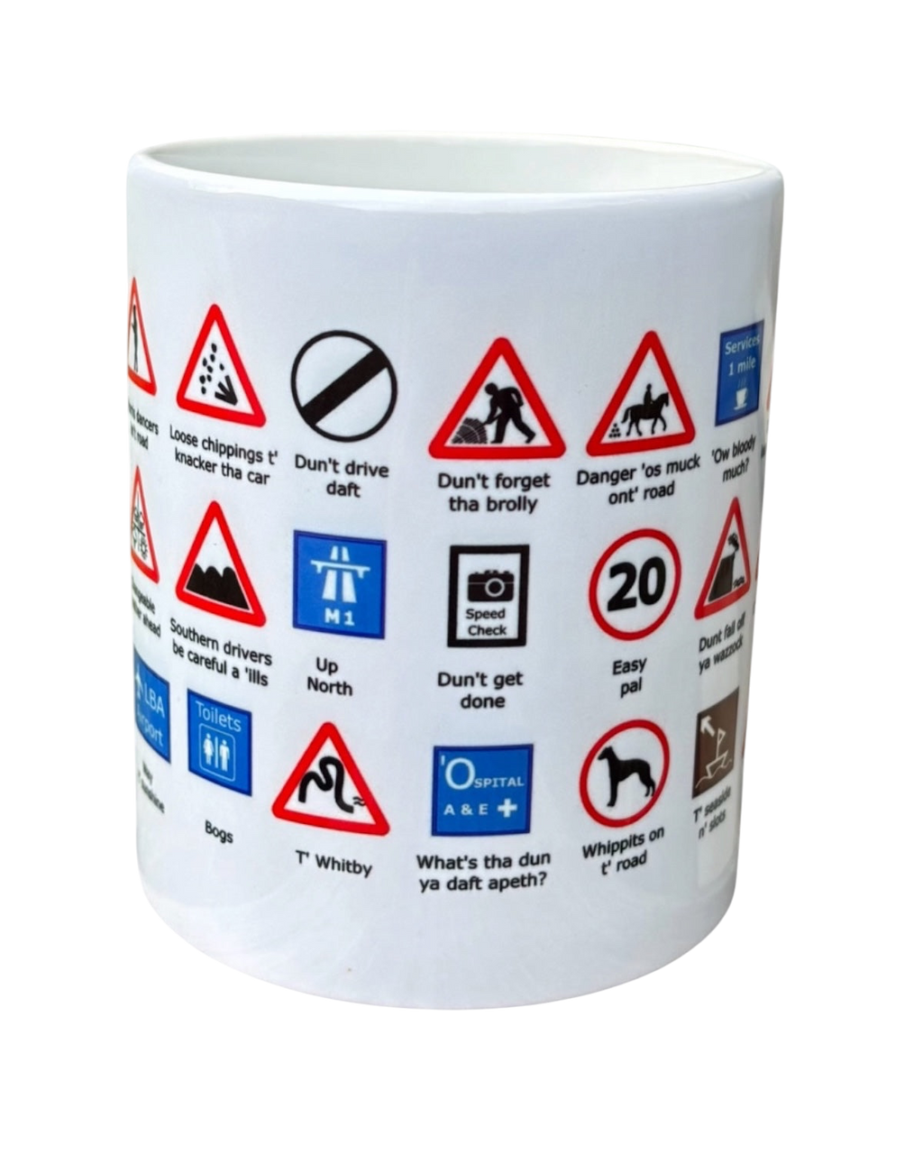 LighthouseLane white ceramic mug featuring a humorous Yorkshire Highway Code design with funny regional dialect text.