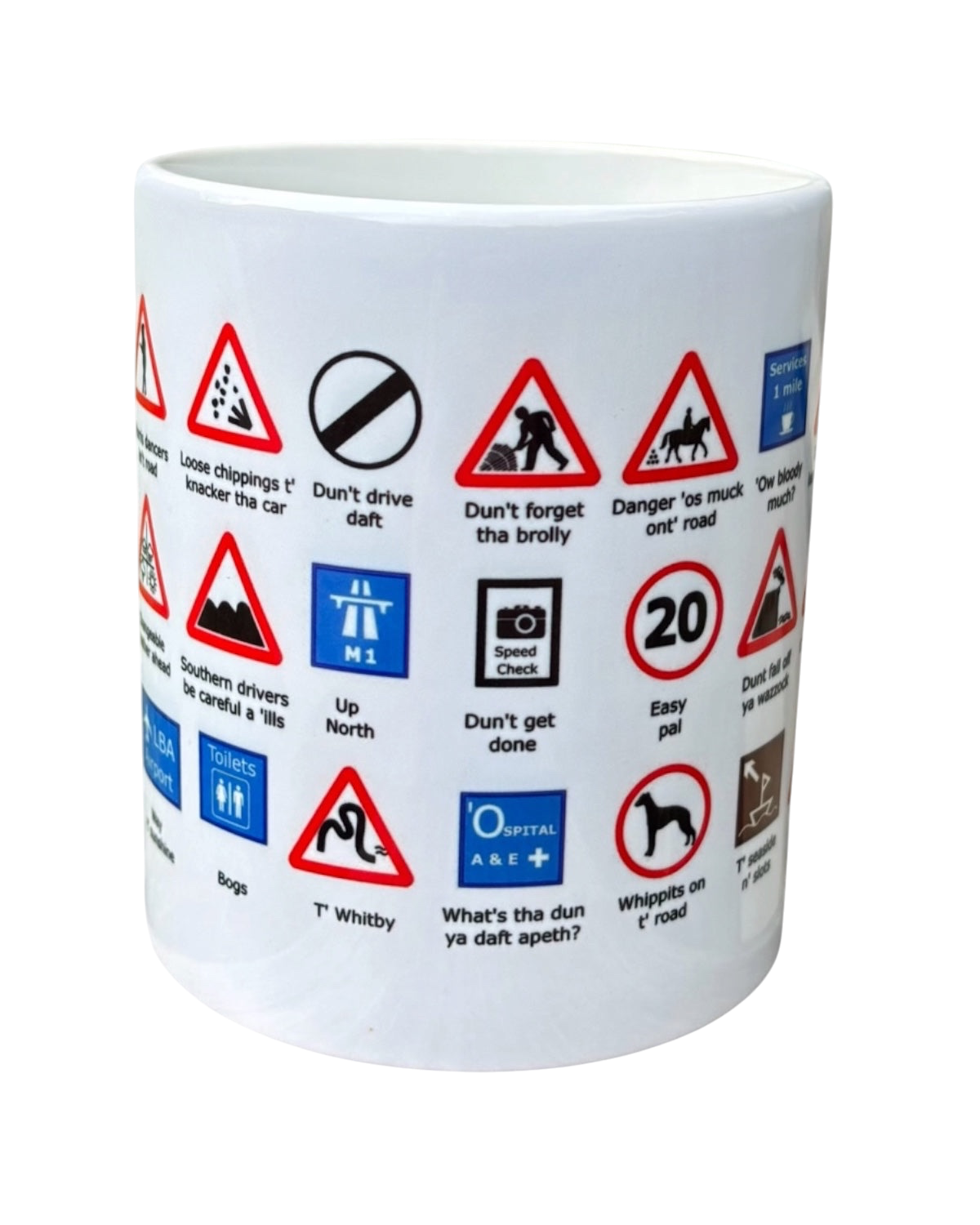 LighthouseLane white ceramic mug featuring a humorous Yorkshire Highway Code design with funny regional dialect text.