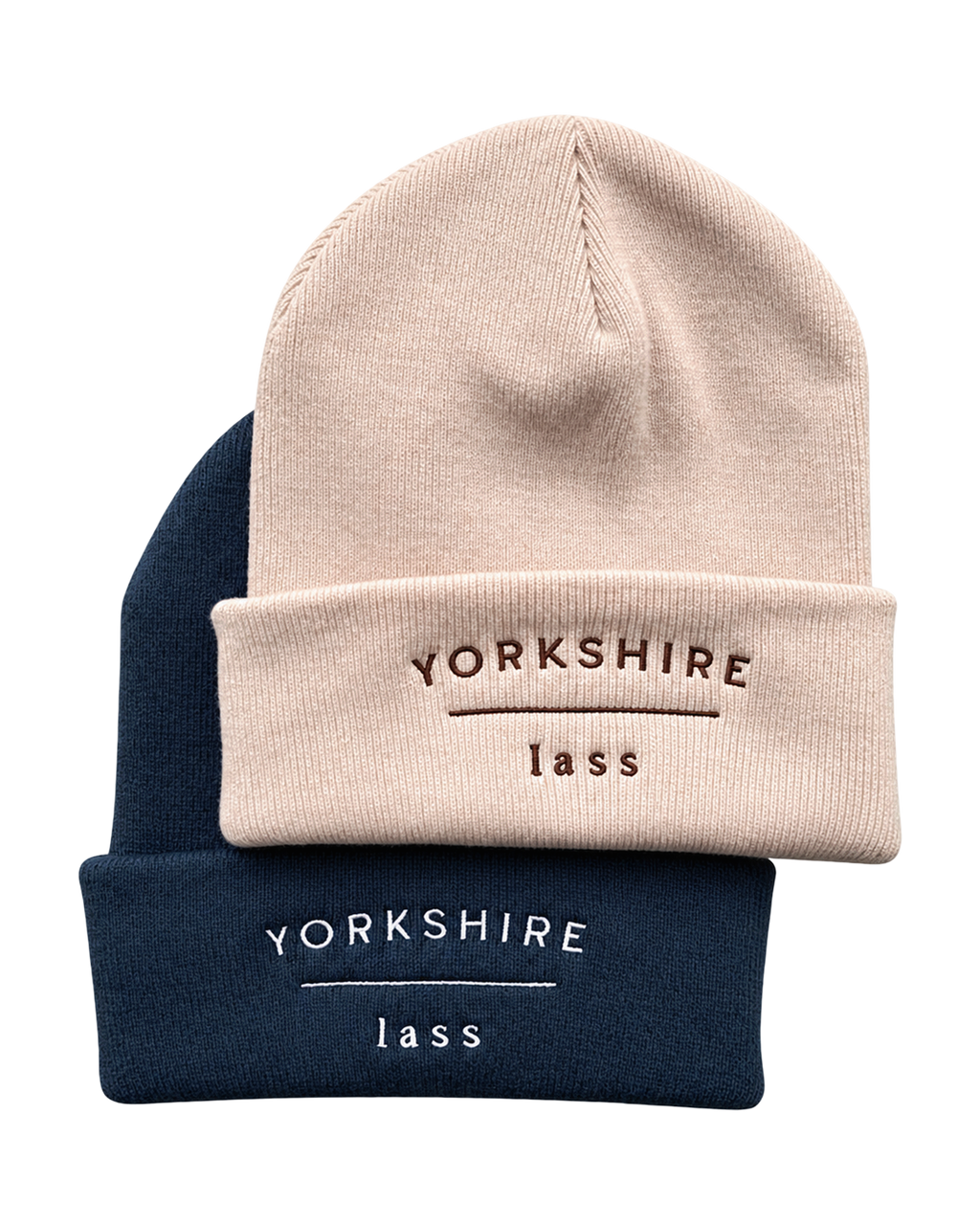 LighthouseLane cuffed beanie hats in beige and navy blue with Yorkshire Lass embroidery on the front