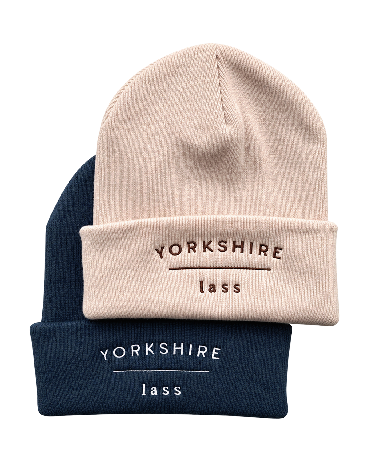 LighthouseLane cuffed beanie hats in beige and navy blue with Yorkshire Lass embroidery on the front