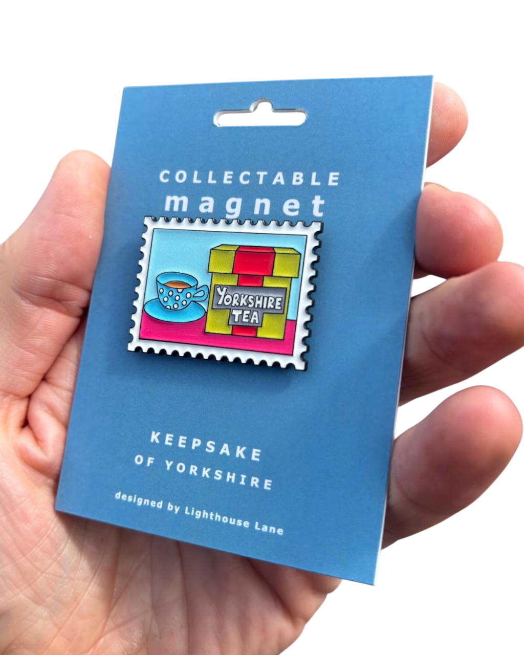 LighthouseLane Yorkshire Tea magnet featuring colourful stamp-style artwork of a tea cup and box on a backing card