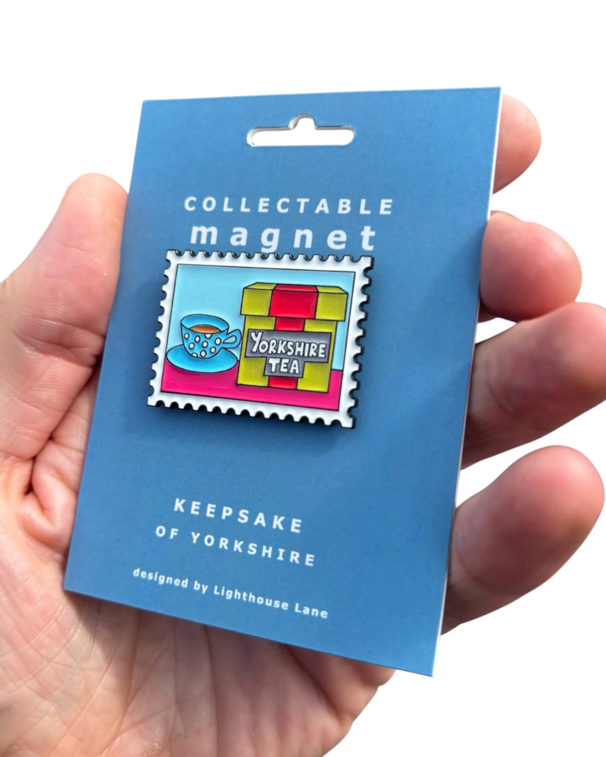 LighthouseLane Yorkshire Tea magnet featuring colourful stamp-style artwork of a tea cup and box on a backing card