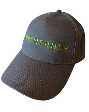 Dark charcoal grey dad cap with olive khaki green Northerner embroidery / embroidered slogan logo. Hat for men and women - unisex. Great gift for someone from Yorkshire or Lancashire. 