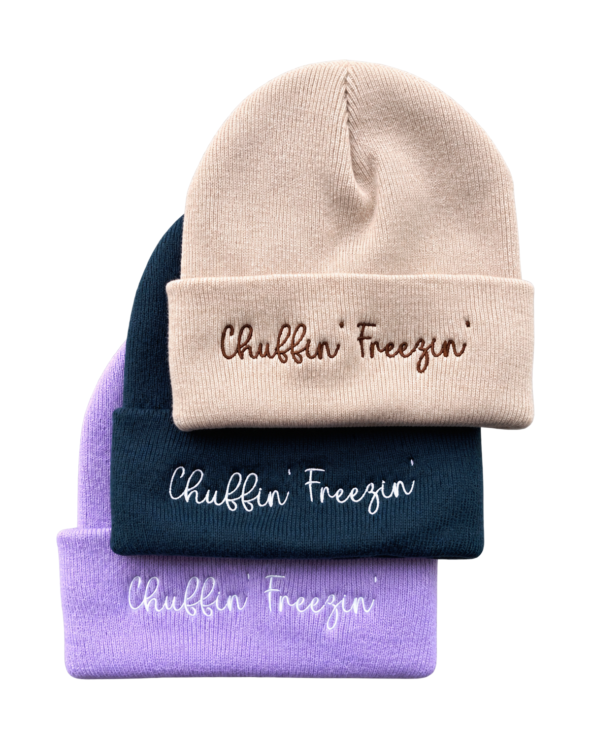 LighthouseLane cuffed beanies in beige, navy, and lilac with Chuffin' Freezin' embroidery in a soft knit fabric.