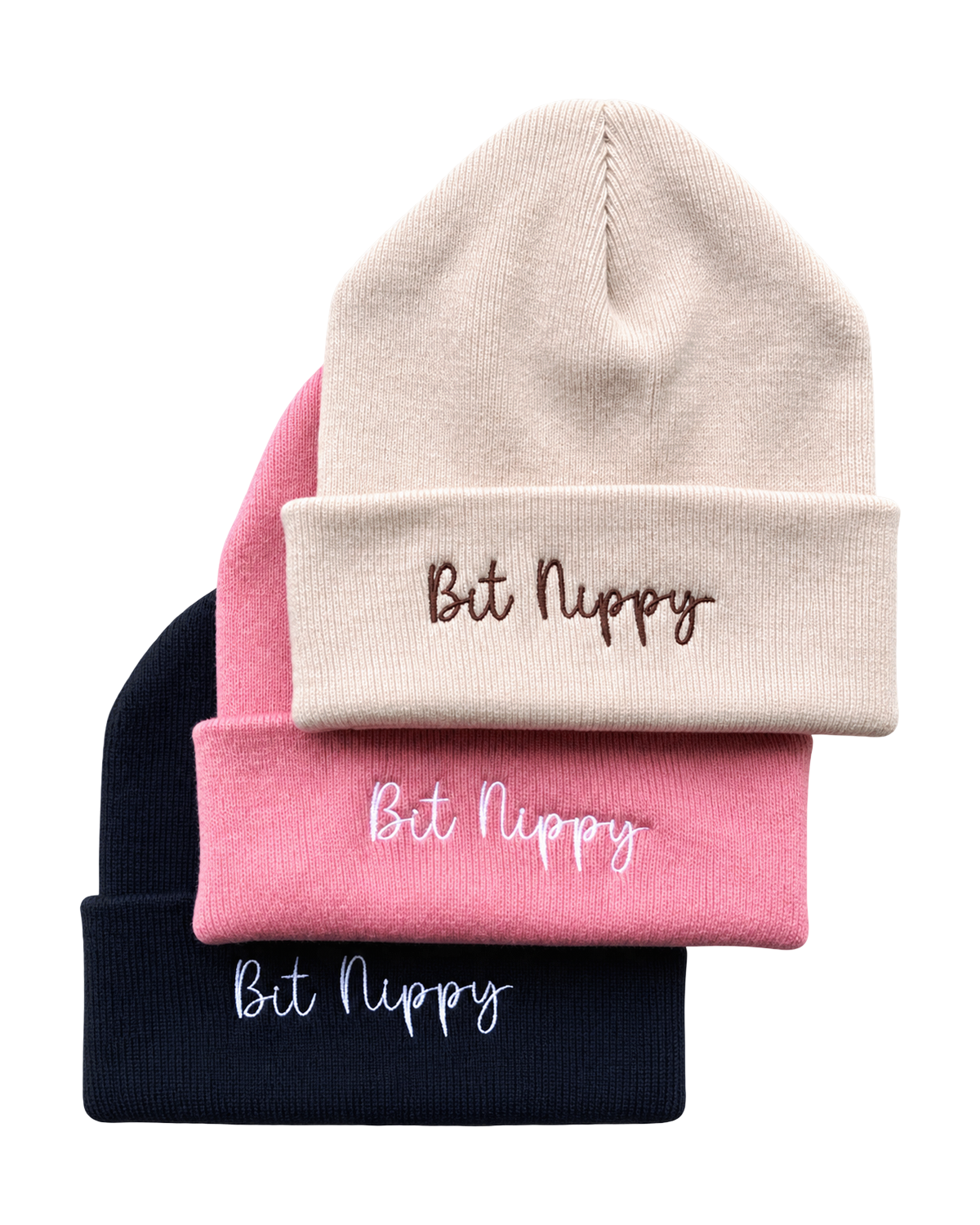 LighthouseLane cuffed beanies in beige, pink, and navy blue with Bit Nippy embroidery in a soft knit fabric