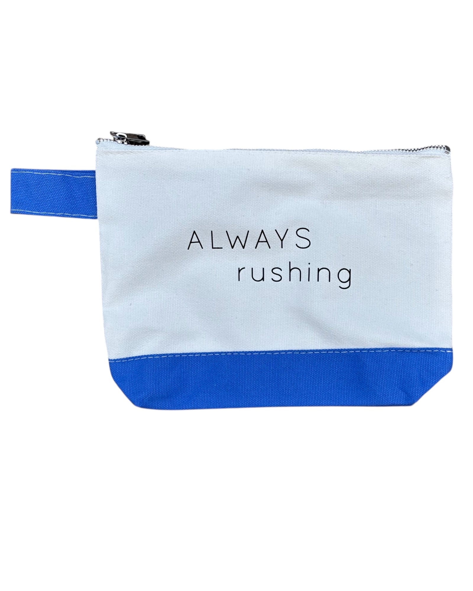 Perfect gift for any Yorkshire, Lancashire or Northern girls / ladies lasses / women. Cream cotton canvas make-up bag with bold funny Yorkshire British slogan. Christmas / Birthday gift. Cream, blue and black bag with silver zip. 