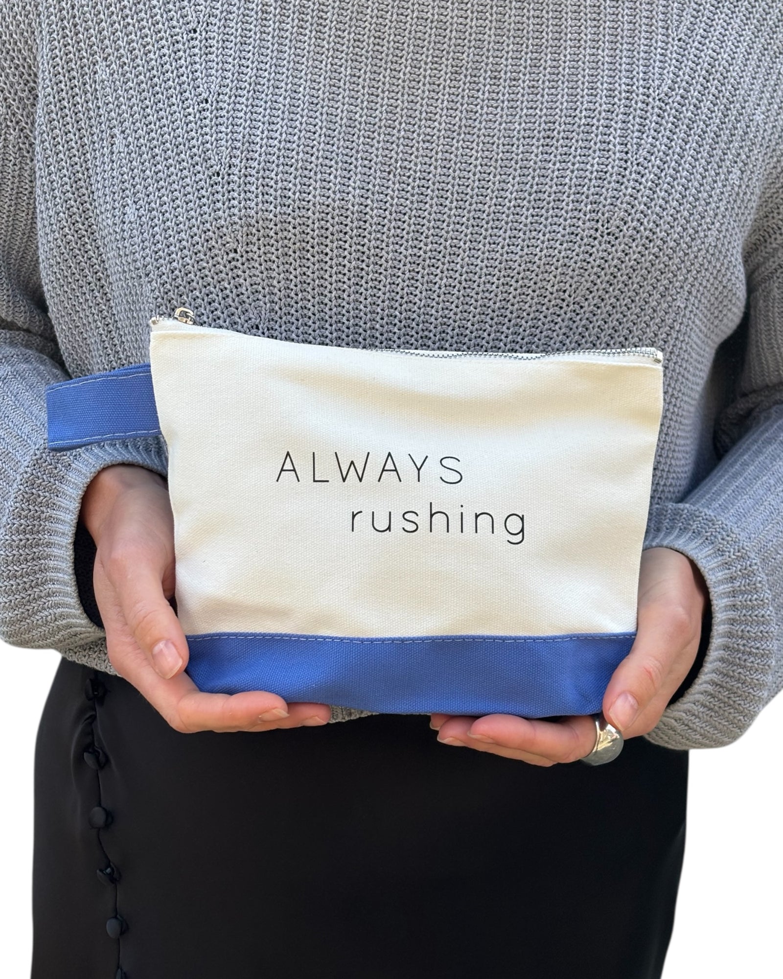 Perfect gift for any Yorkshire, Lancashire or Northern girls / ladies lasses / women. Cream cotton canvas make-up bag with bold funny Yorkshire British slogan. Christmas / Birthday gift. Cream, blue and black bag with silver zip. 