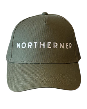 Olive khaki green dad cap with white khaki green Northerner embroidery / embroidered slogan logo. Hat for men and women - unisex. Great gift for someone from Yorkshire or Lancashire. 