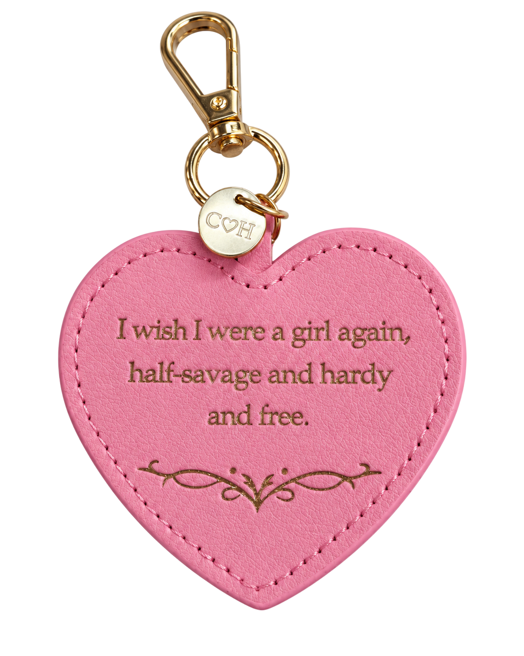 LighthouseLane heart-shaped pink keyring with gold lettering and clip, featuring a Wuthering Heights literary quote.