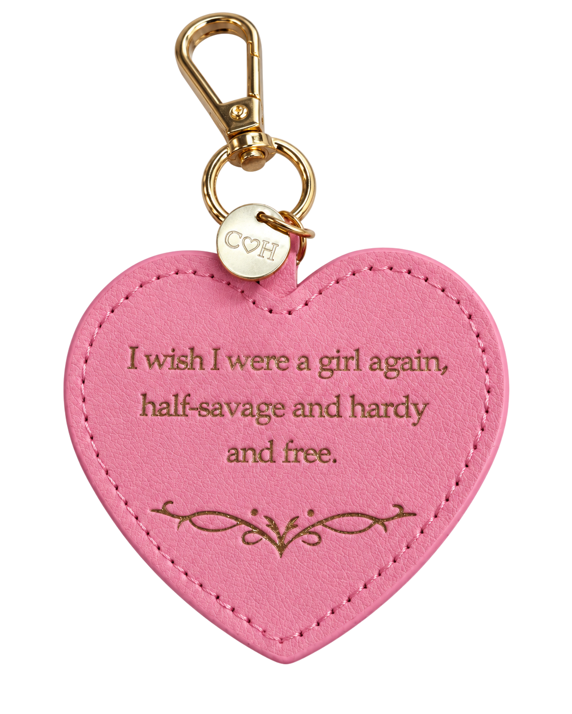 LighthouseLane heart-shaped pink keyring with gold lettering and clip, featuring a Wuthering Heights literary quote.
