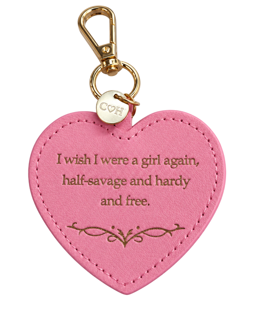 LighthouseLane heart-shaped pink keyring with gold lettering and clip, featuring a Wuthering Heights literary quote.