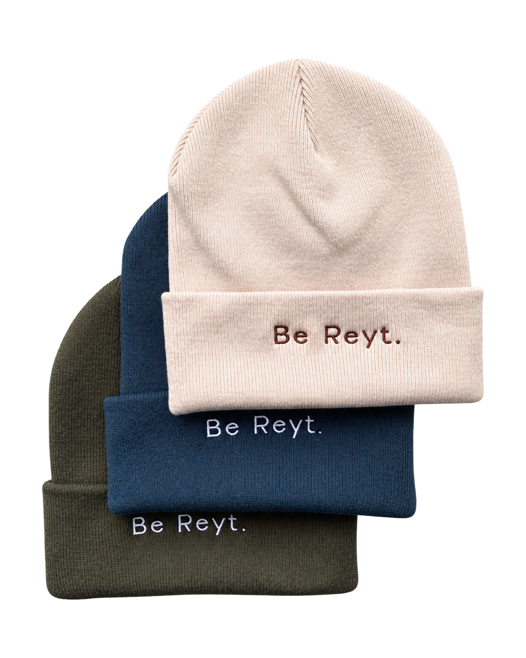 LighthouseLane cuffed beanies in olive, navy, and cream with Be Reyt embroidery, stacked for a winter collection.