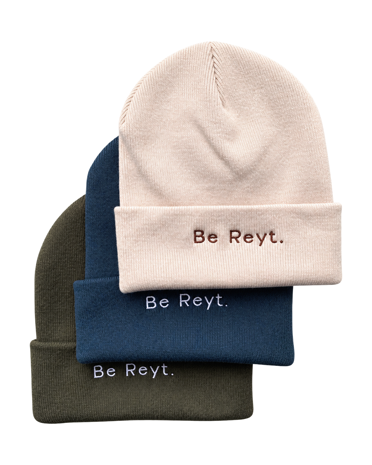 LighthouseLane cuffed beanies in olive, navy, and cream with Be Reyt embroidery, stacked for a winter collection.