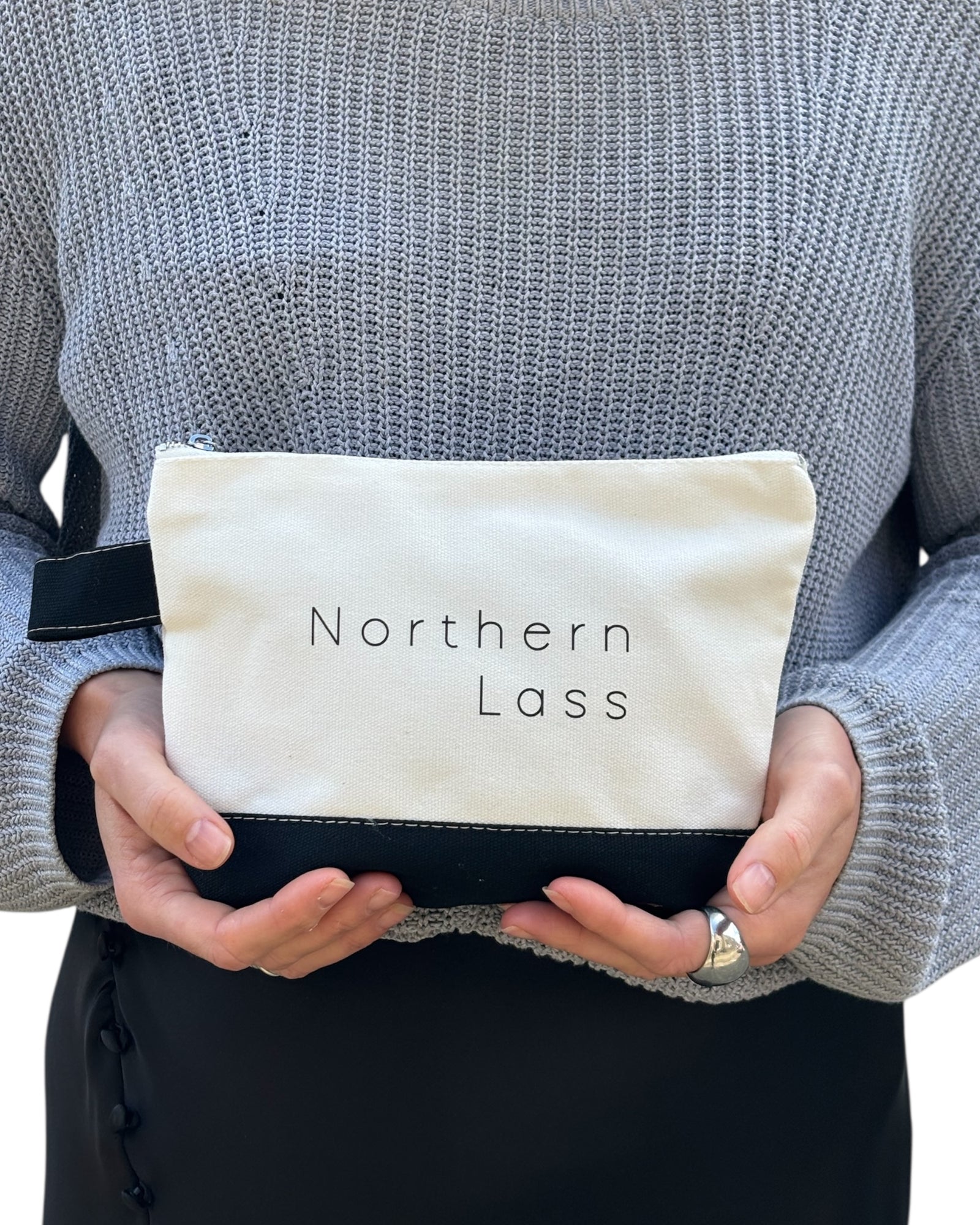 Perfect gift for any Yorkshire, Lancashire or Northern girls / ladies lasses / women. Cream cotton canvas make-up bag with bold funny Yorkshire slogan. Christmas / Birthday gift. Cream, black bag with silver zip. 