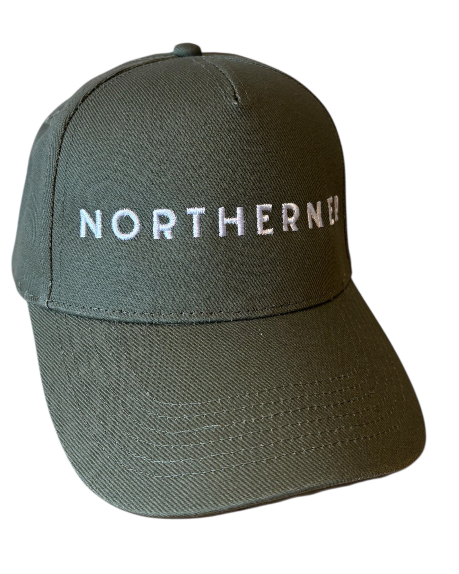 Dark charcoal grey dad cap with olive khaki green Northerner embroidery / embroidered slogan logo. Hat for men and women - unisex. Great gift for someone from Yorkshire or Lancashire. 