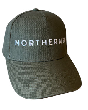 Front view of olive khaki green dad cap with white Northerner embroidery / embroidered slogan logo. Hat for men and women - unisex. Great gift for someone from Yorkshire or Lancashire. 