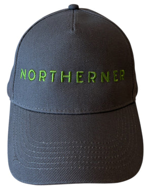 Dark charcoal grey dad cap with olive khaki green Northerner embroidery / embroidered slogan logo. Hat for men and women - unisex. Great gift for someone from Yorkshire or Lancashire. 