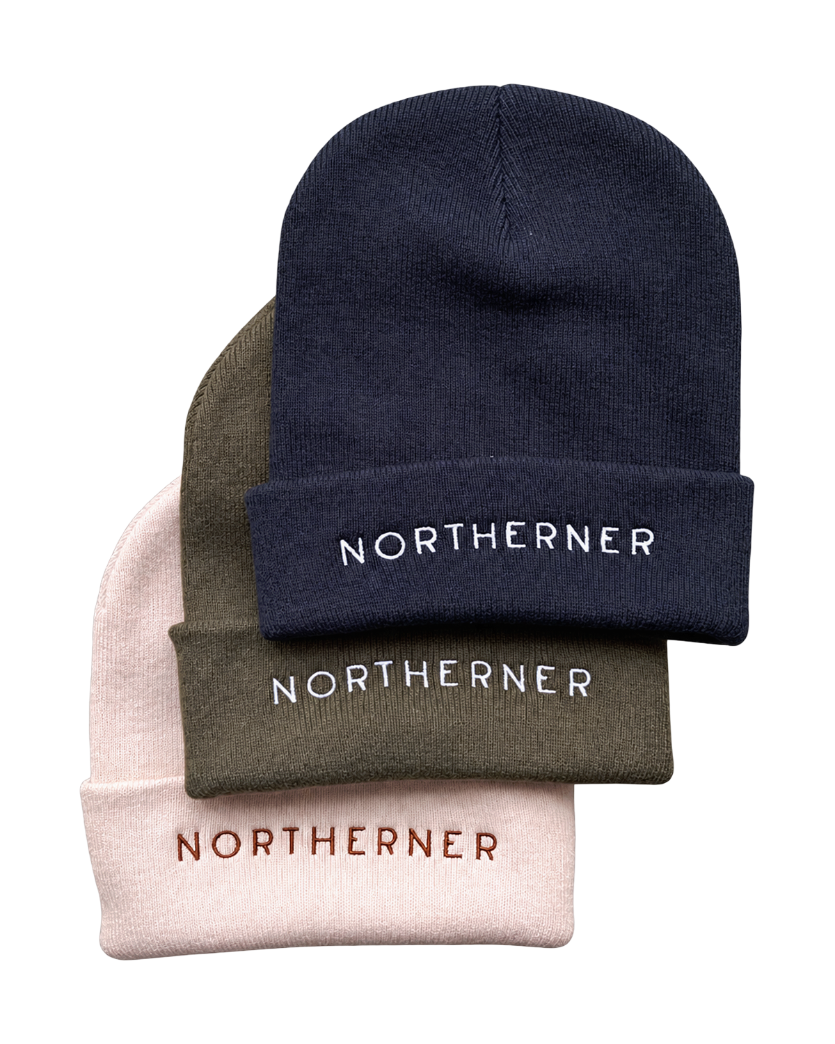 LighthouseLane cuffed beanies in navy, olive green, and soft pink with Northerner embroidery on the front