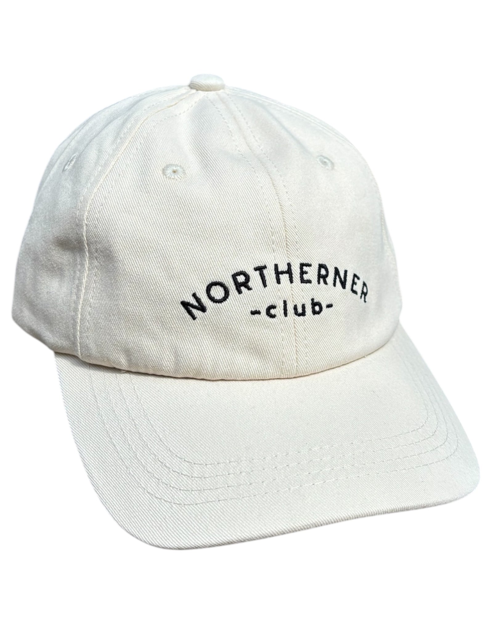Light cream white neutral dad cap with black Northerner embroidery / embroidered sports club type slogan logo. Hat for men and women - unisex. Great gift for someone from Yorkshire or Lancashire.