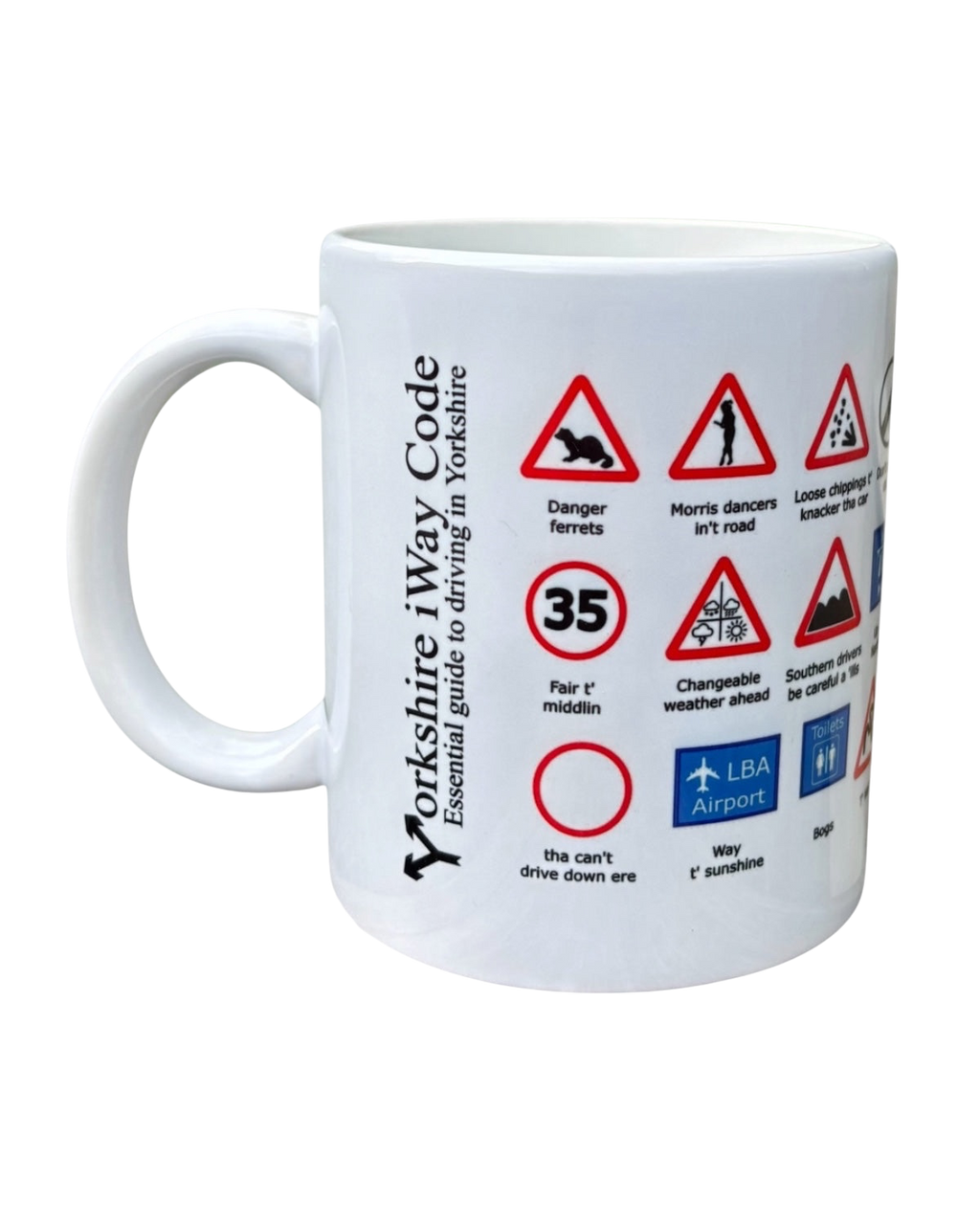 LighthouseLane white ceramic mug featuring a humorous Yorkshire Highway Code design with regional dialect signs.
