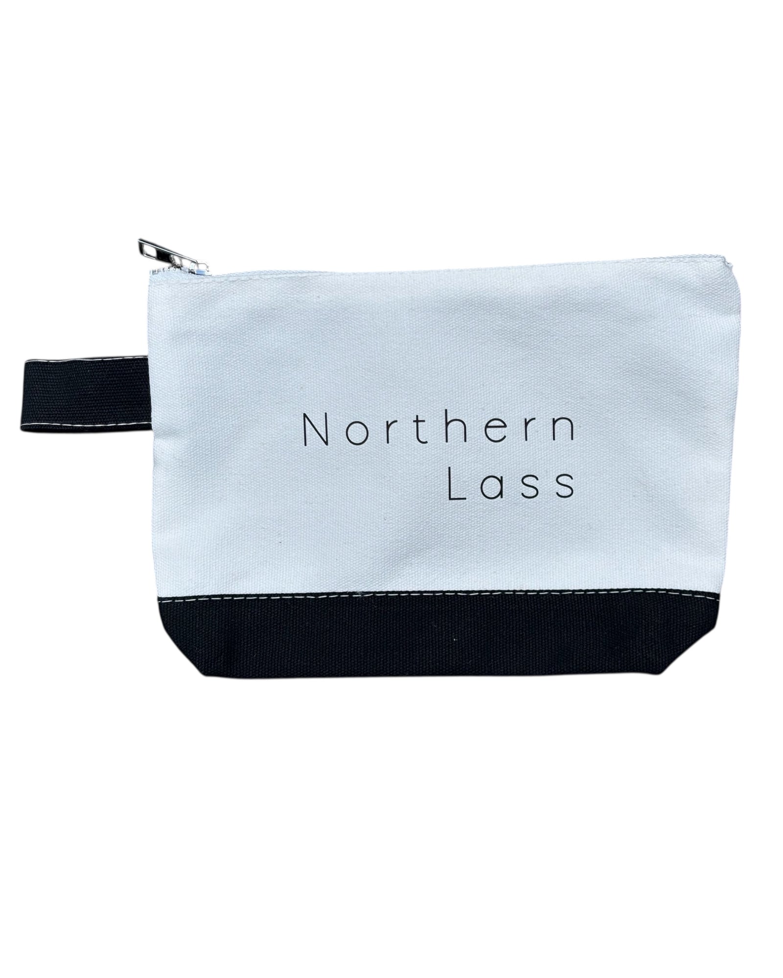Perfect gift for any Yorkshire, Lancashire or Northern girls / ladies lasses / women. Cream cotton canvas make-up bag with bold funny Yorkshire slogan. Christmas / Birthday gift. Cream, black bag with silver zip. 