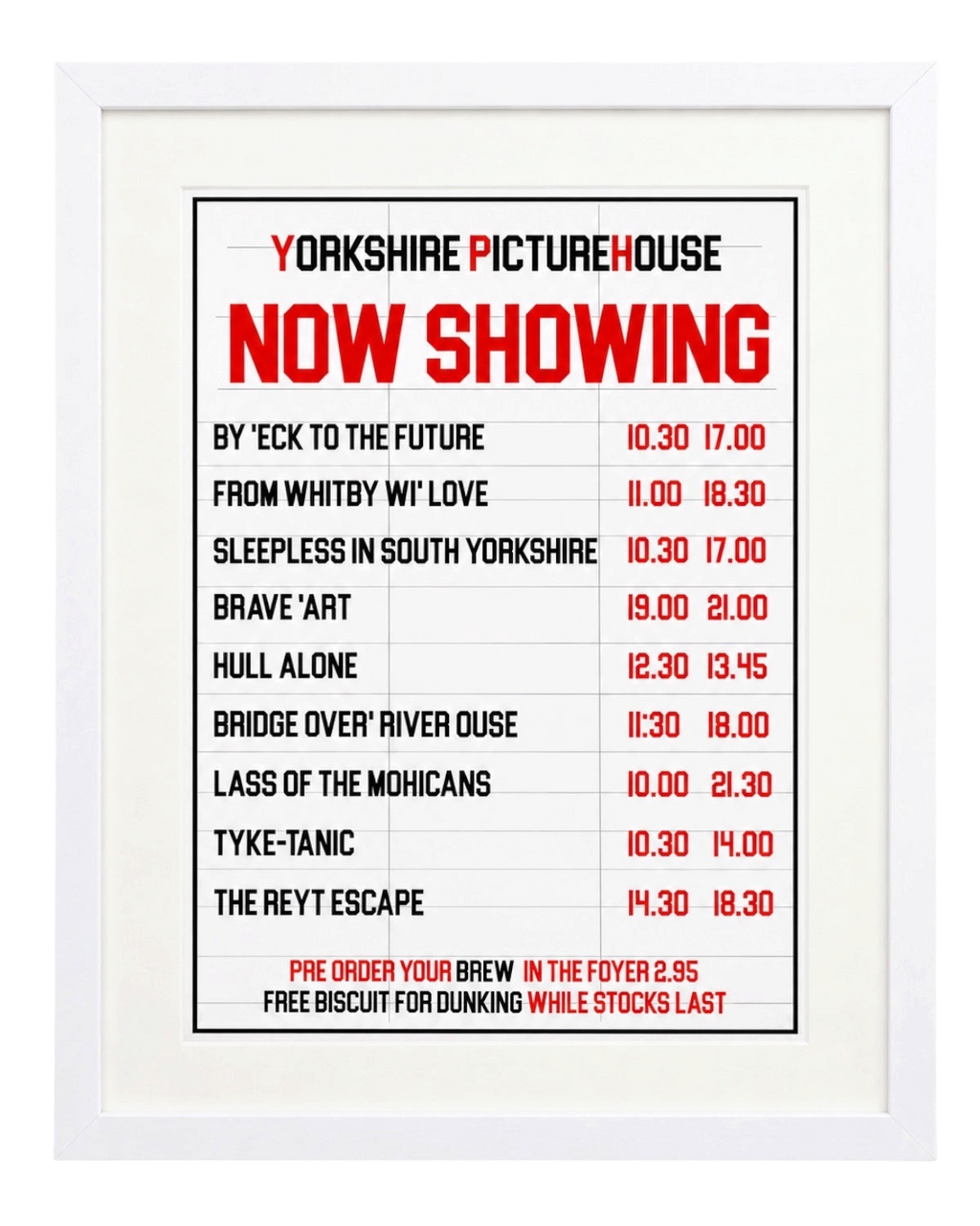 LighthouseLane framed Yorkshire cinema print featuring funny film titles like By Eck to the Future on white paper.