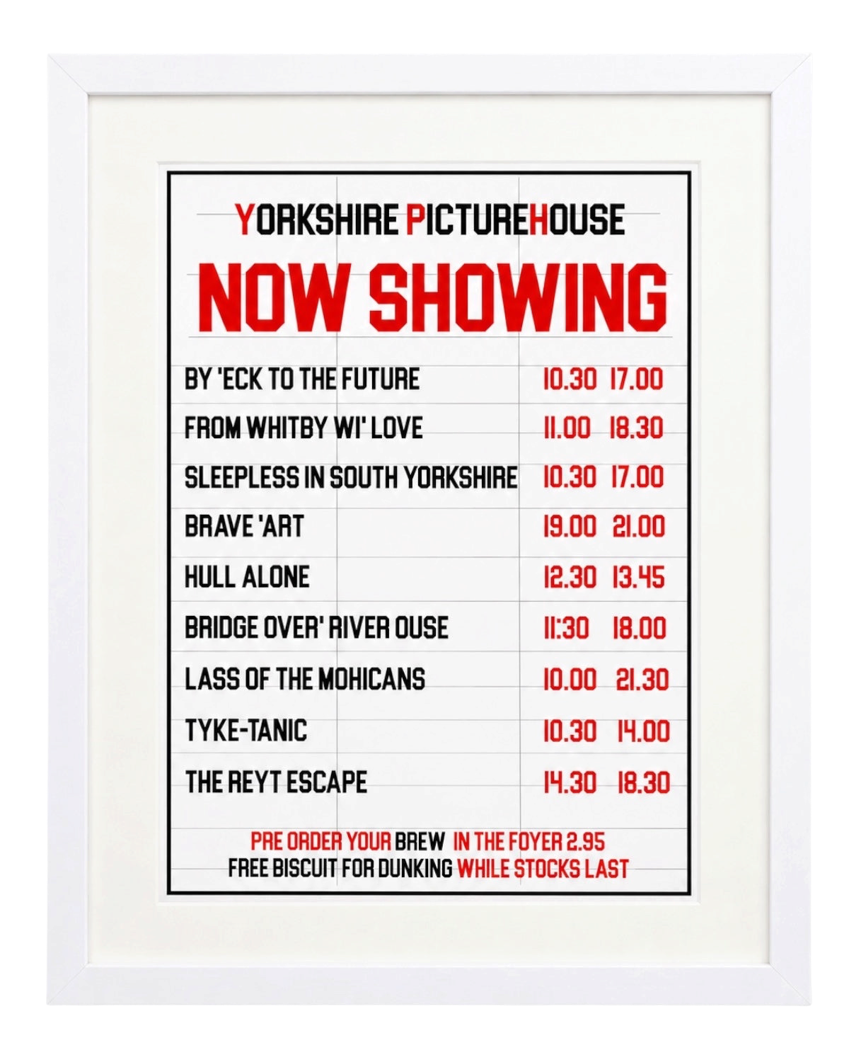 LighthouseLane framed Yorkshire cinema print featuring funny film titles like By Eck to the Future on white paper.