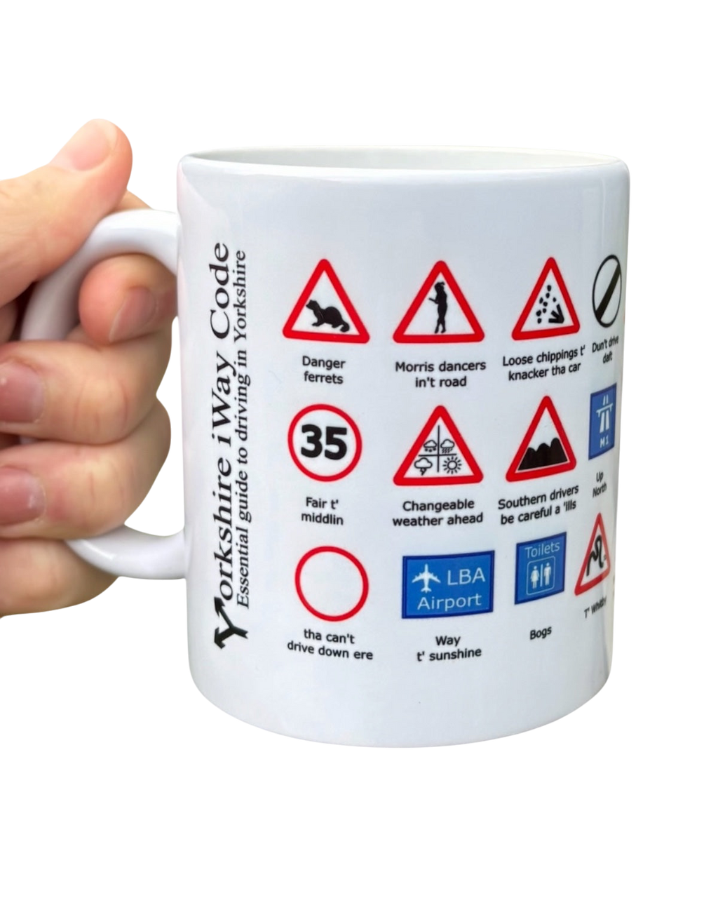 LighthouseLane ceramic mug featuring a humorous Yorkshire Highway Code design with regional dialect and road signs.