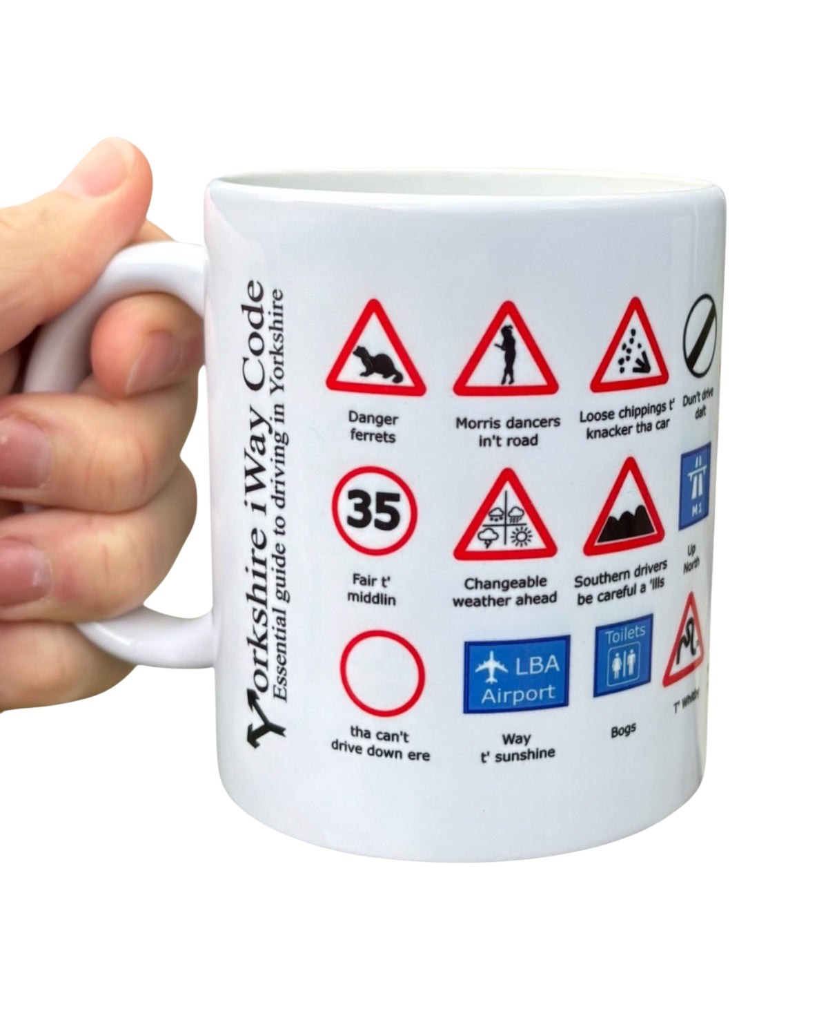 LighthouseLane ceramic mug featuring a humorous Yorkshire Highway Code design with regional dialect and road signs.