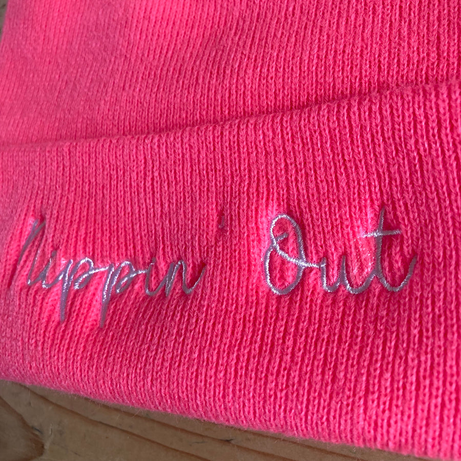Nippin’ Out Embroidery Beanie Hat Neon Pink