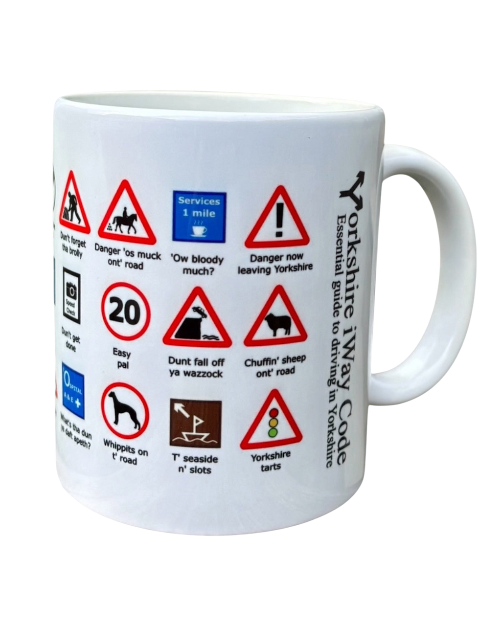 LighthouseLane white ceramic mug featuring a humorous Yorkshire Highway Code design with funny dialect road signs.