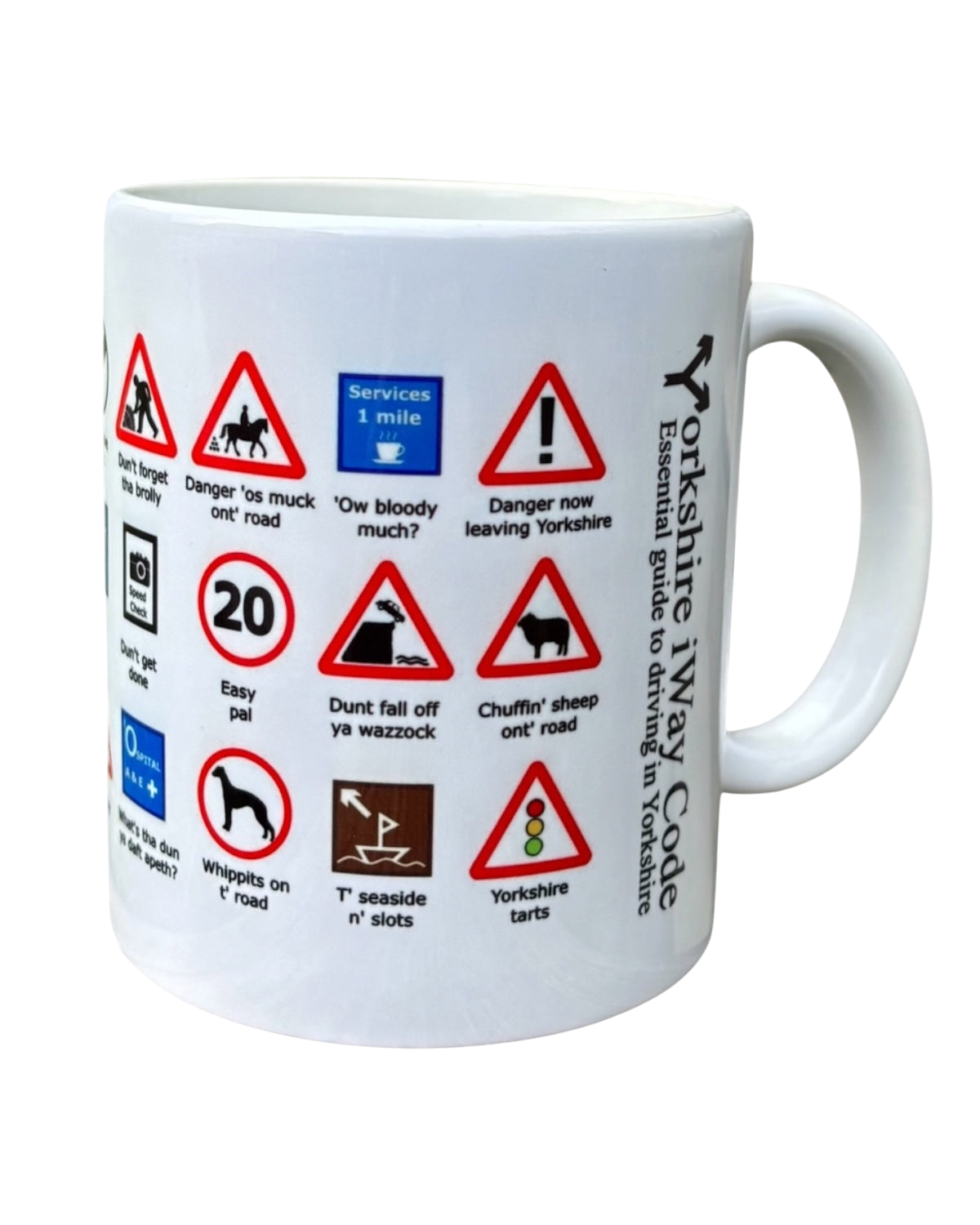 LighthouseLane white ceramic mug featuring a humorous Yorkshire Highway Code design with funny dialect road signs.