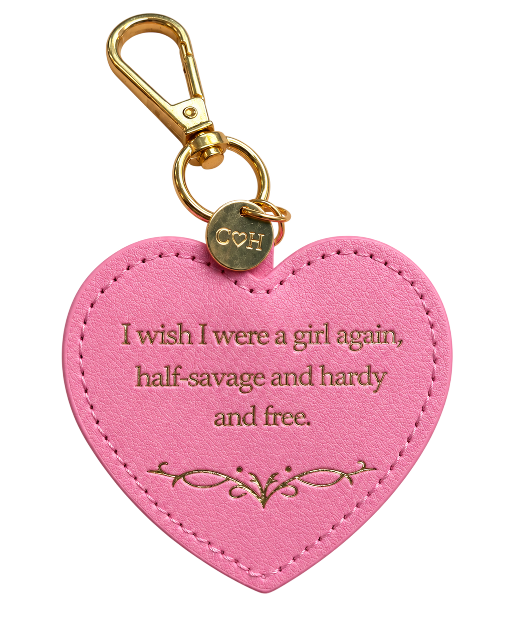 LighthouseLane heart-shaped pink keyring with gold lettering featuring a Wuthering Heights quote and gold-tone clip.