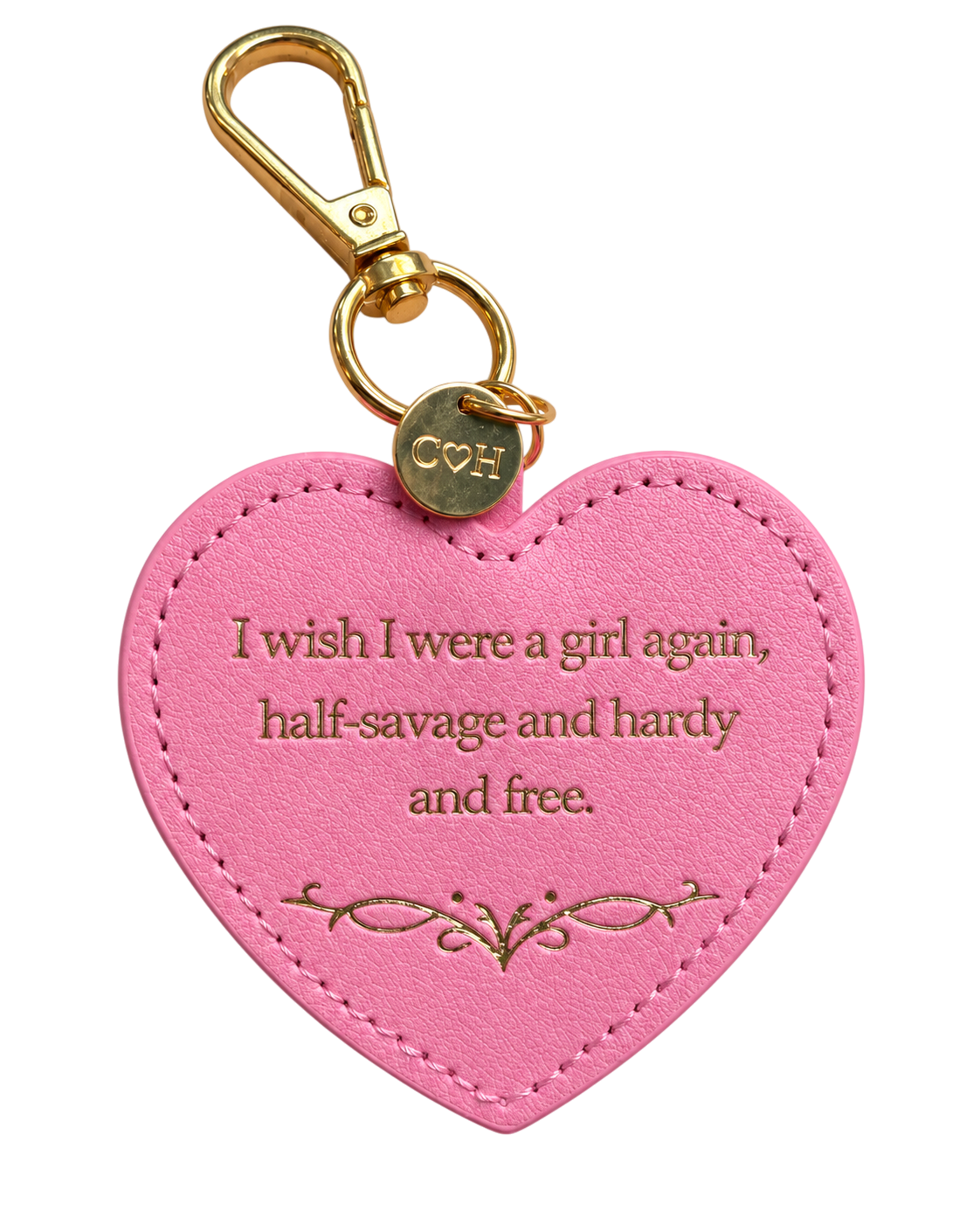 LighthouseLane heart-shaped pink keyring with gold lettering featuring a Wuthering Heights quote and gold-tone clip.