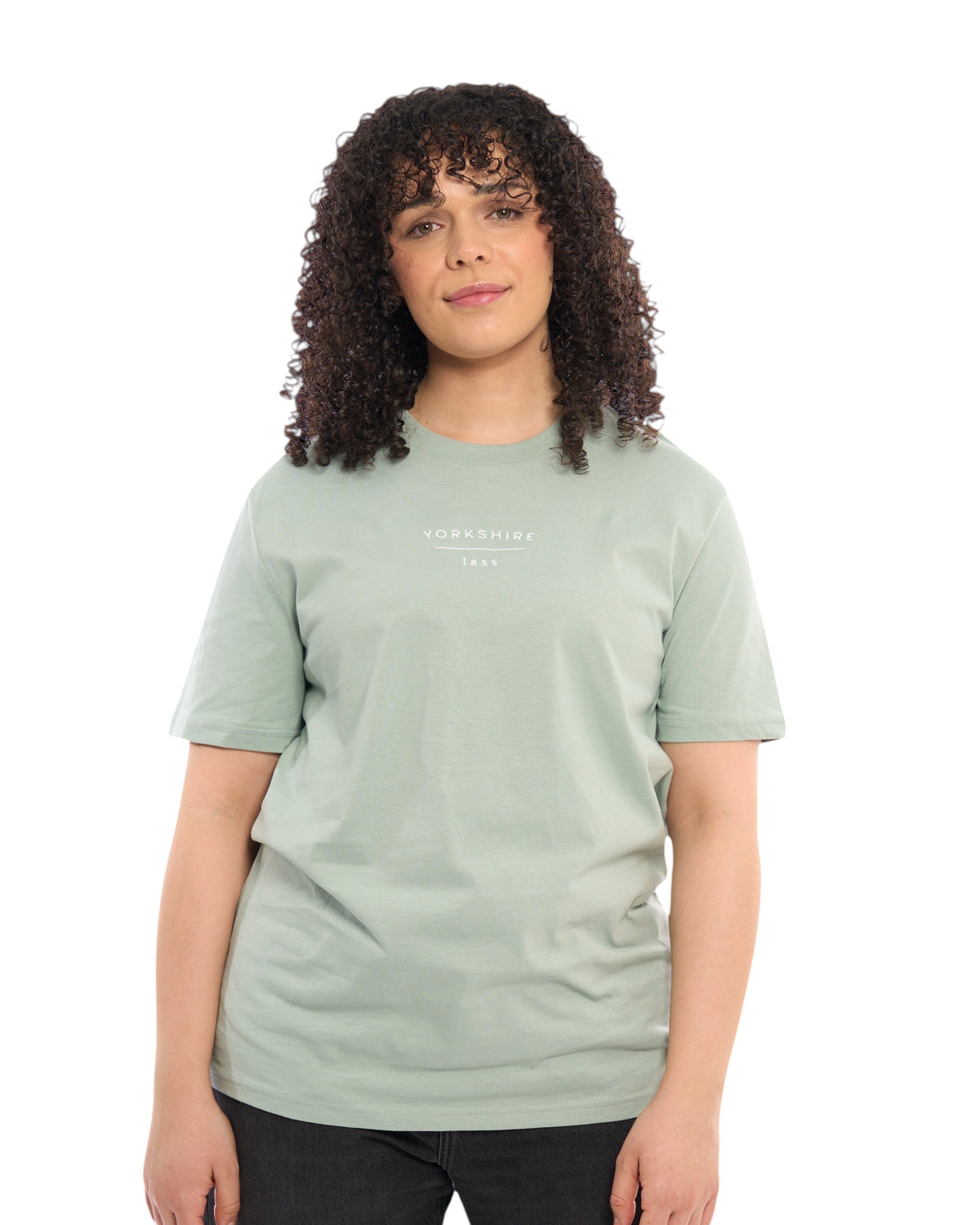 Close up shot of a Yorkshire lass light t-shirt, with embroidered slogan / logo. 100% organic cotton premium heavy thick quality t-shirt top. Minimalist design. Northern clothing. Women's unisex t-shirts.