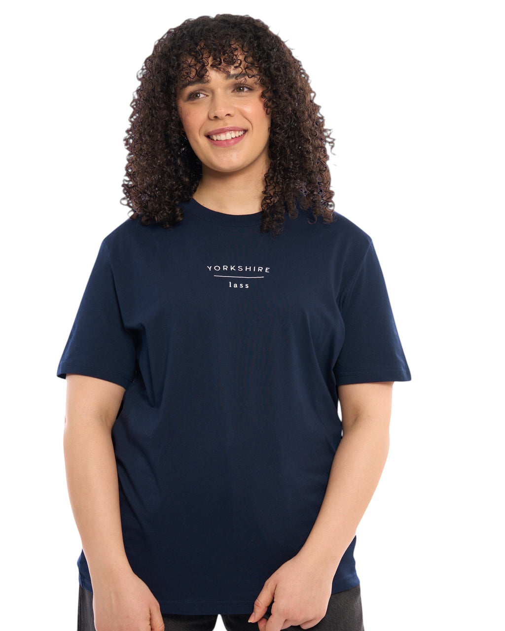 Close up shot of a Yorkshire lass dark t-shirt, with embroidered slogan / logo. 100% organic cotton premium heavy thick quality t-shirt top. Minimalist design. Northern clothing. Women's unisex t-shirts.