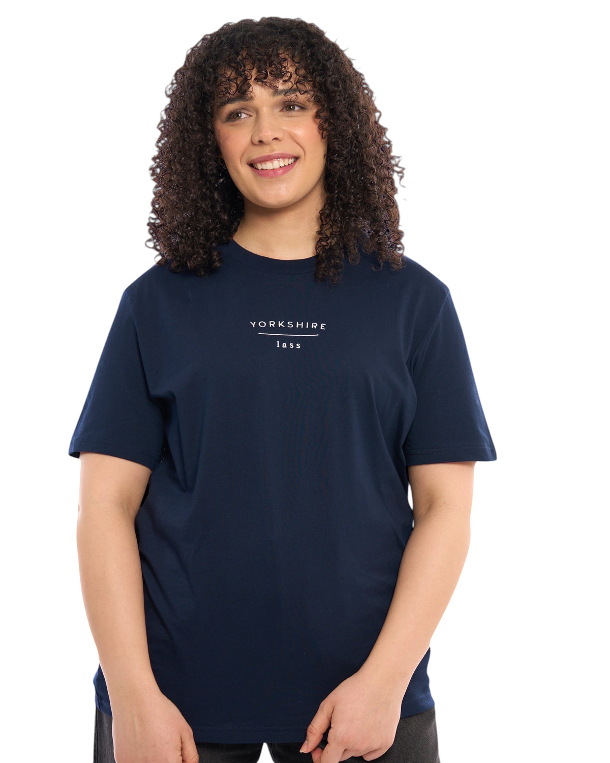 Close up shot of a Yorkshire lass dark t-shirt, with embroidered slogan / logo. 100% organic cotton premium heavy thick quality t-shirt top. Minimalist design. Northern clothing. Women's unisex t-shirts.