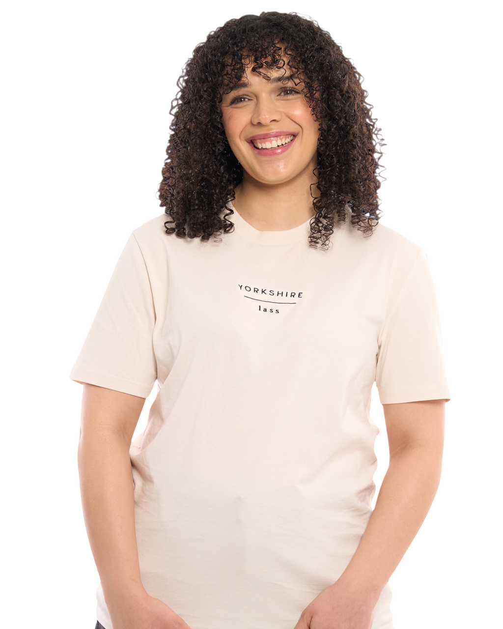 Female model wearing Yorkshire lass neutral t-shirt, with embroidered slogan / logo. 100% organic cotton premium heavy thick quality t-shirt top. Minimalist design. Northern clothing. Women's unisex t-shirt