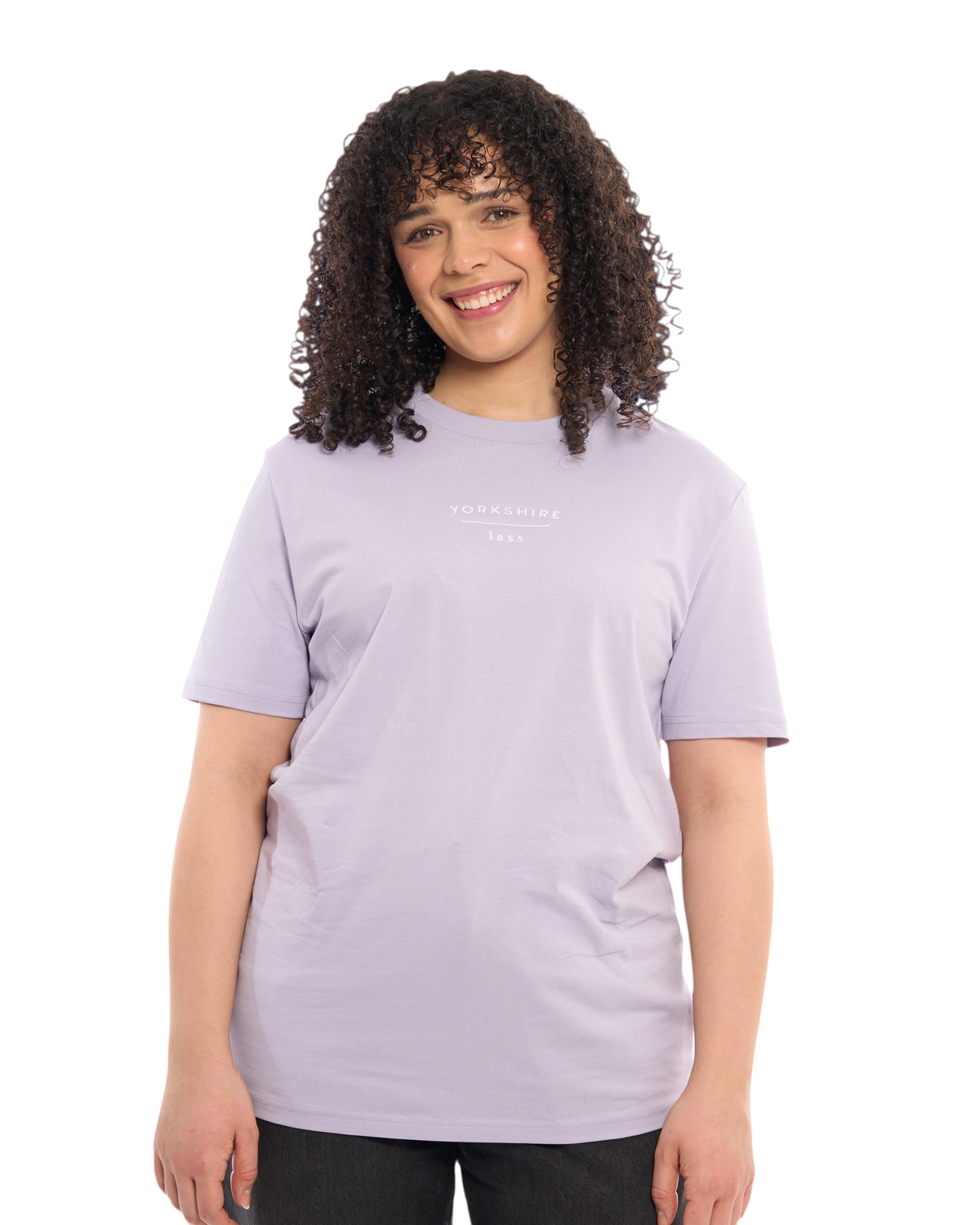 Close up shot of a Yorkshire lass t-shirt, with embroidered slogan / logo. 100% organic cotton premium heavy thick quality t-shirt top. Minimalist design. Northern clothing. Women's unisex t-shirts.