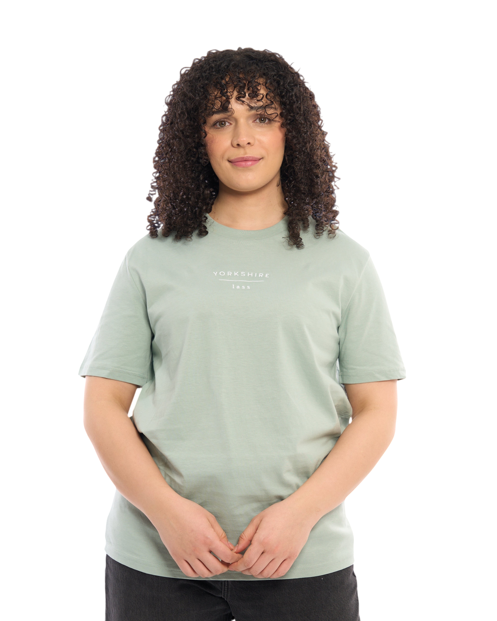 Close up shot of a Yorkshire lass light t-shirt, with embroidered slogan / logo. 100% organic cotton premium heavy thick quality t-shirt top. Minimalist design. Northern clothing. Women's unisex t-shirts.