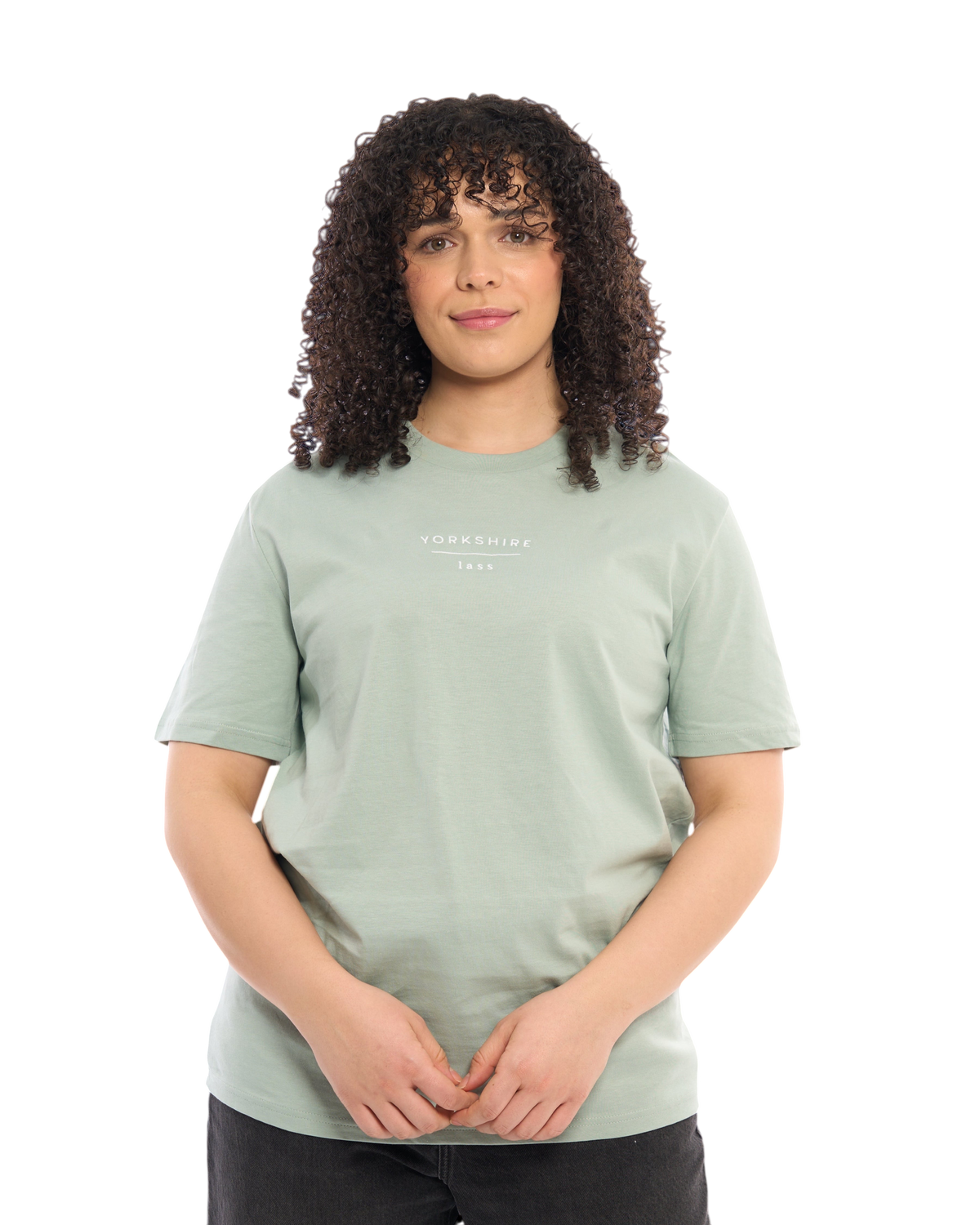 Close up shot of a Yorkshire lass light t-shirt, with embroidered slogan / logo. 100% organic cotton premium heavy thick quality t-shirt top. Minimalist design. Northern clothing. Women's unisex t-shirts.