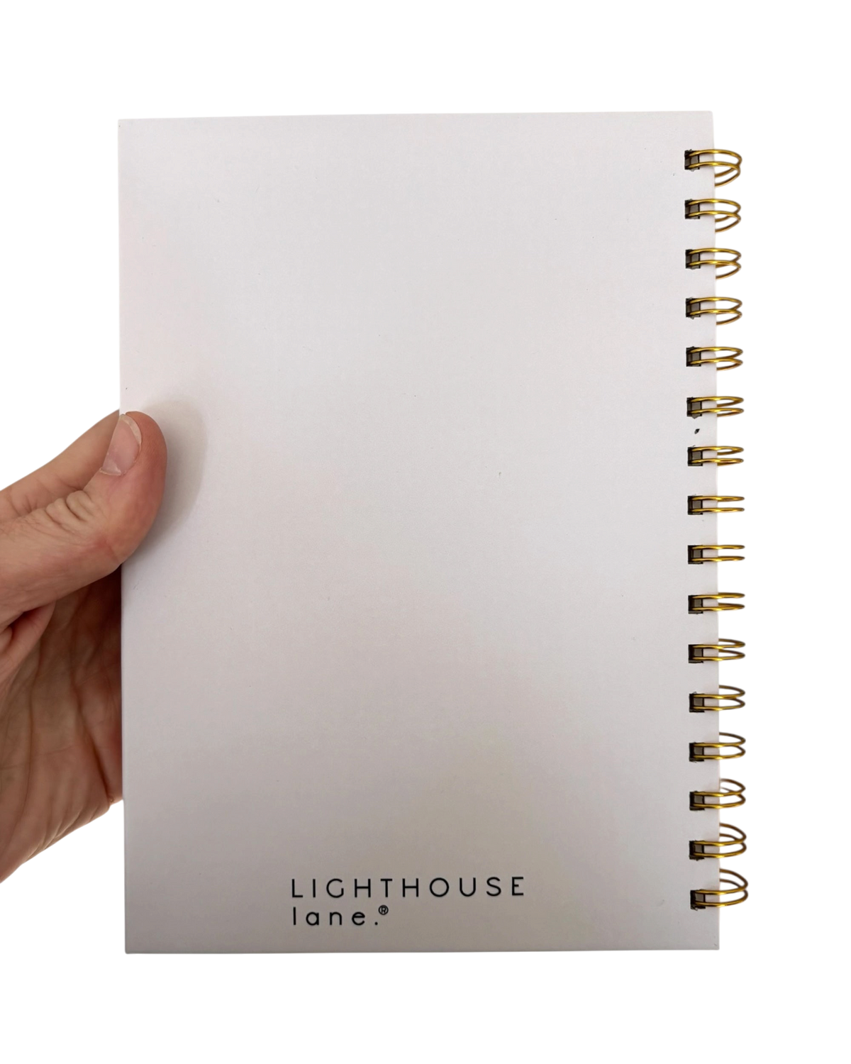 LighthouseLane A5 hardback notebook with a white cover and premium gold spiral binding held in a hand