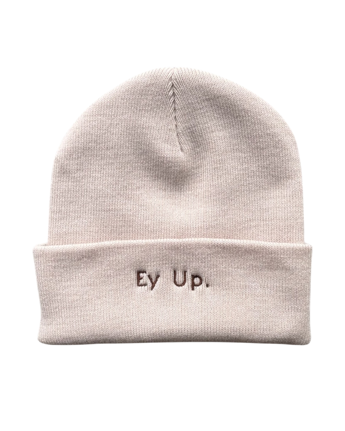 LighthouseLane cuffed beanie in beige with Ey Up embroidery, a soft and warm winter hat for unisex wear.