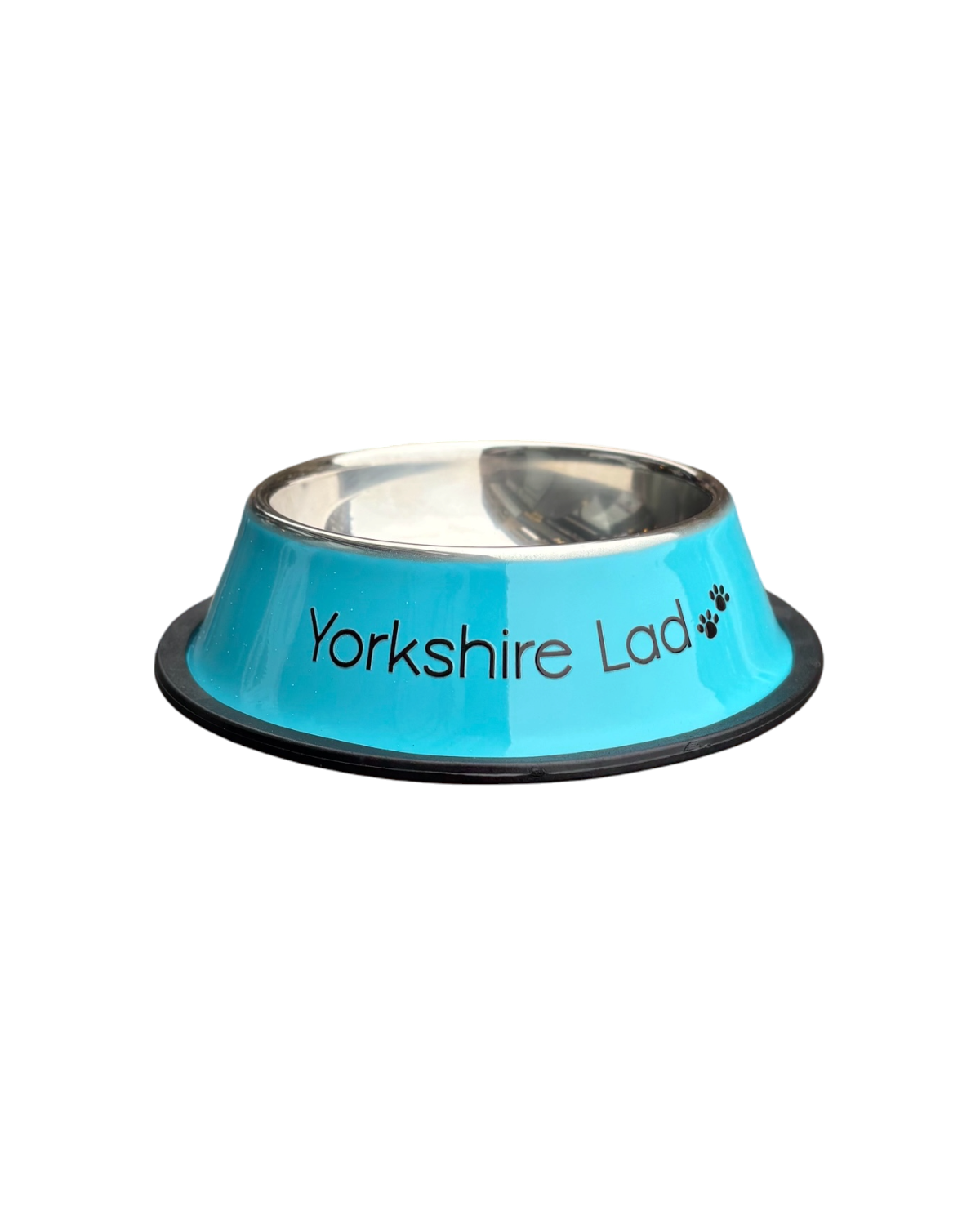 LighthouseLane blue stainless steel dog bowl with Yorkshire Lad text and paw print design