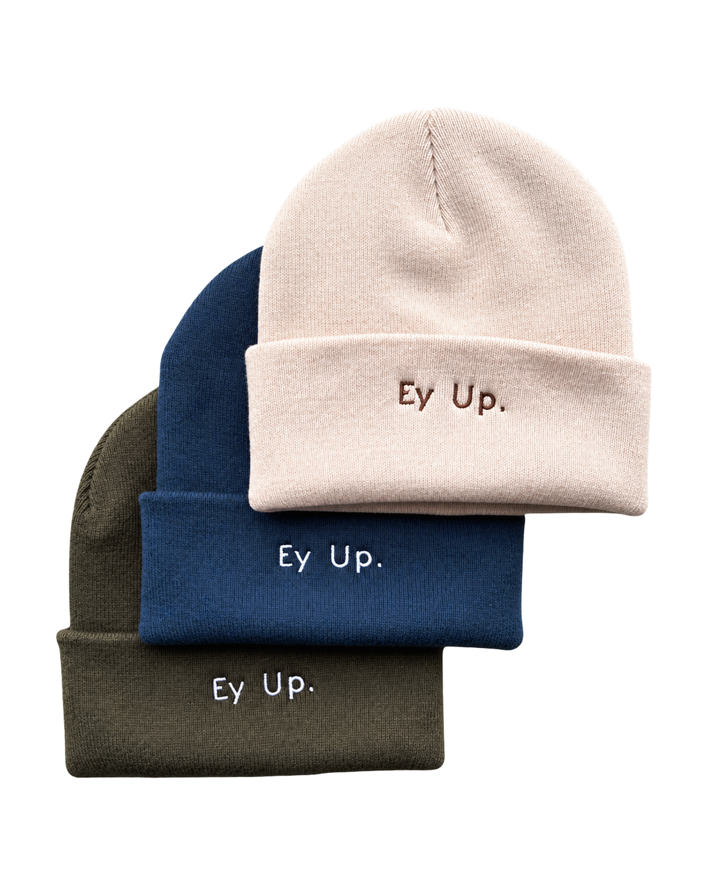 LighthouseLane cuffed beanies in beige, navy, and olive green with Ey Up embroidery, perfect for winter warmth.