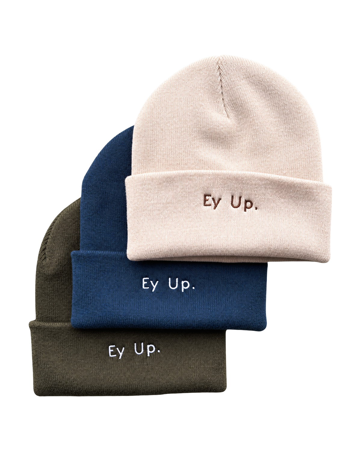 LighthouseLane cuffed beanies in beige, navy, and olive green with Ey Up embroidery, perfect for winter warmth.