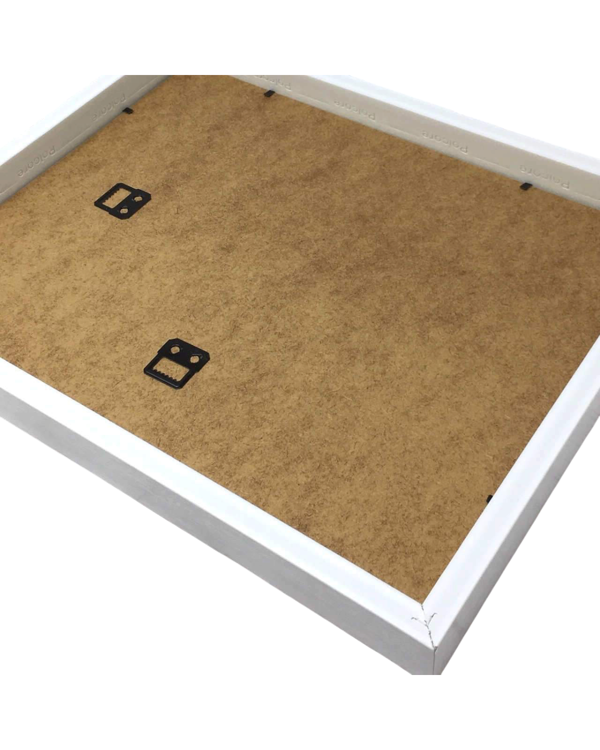 LighthouseLane framed print back view showing white Polcore frame and metal hanging hardware on a brown backing board