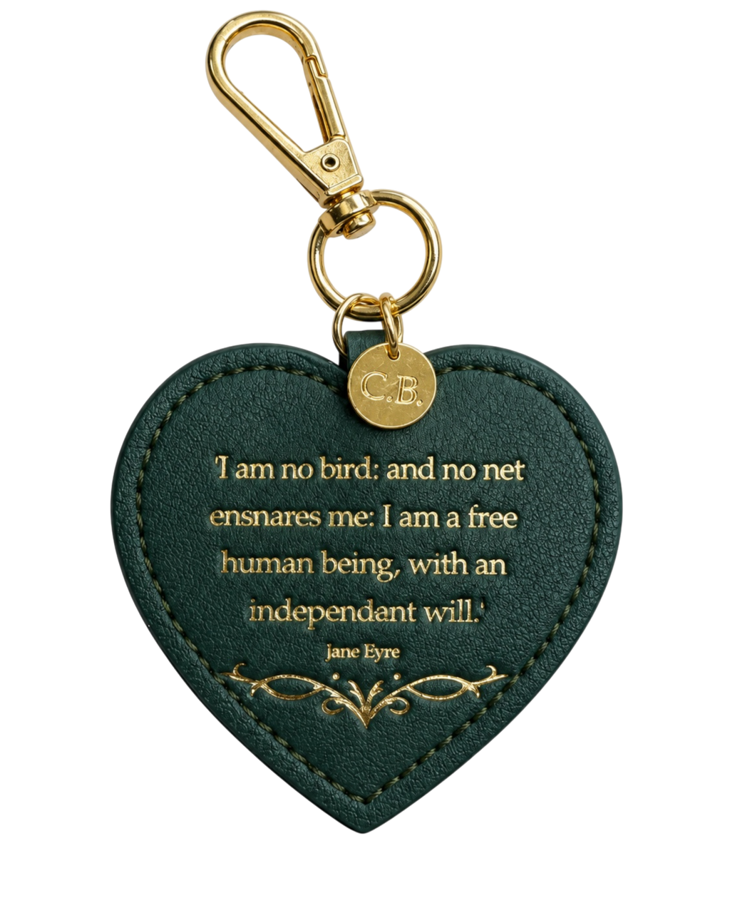 LighthouseLane heart-shaped green keyring with gold Jane Eyre quote, stitched leather-look finish and gold clip.